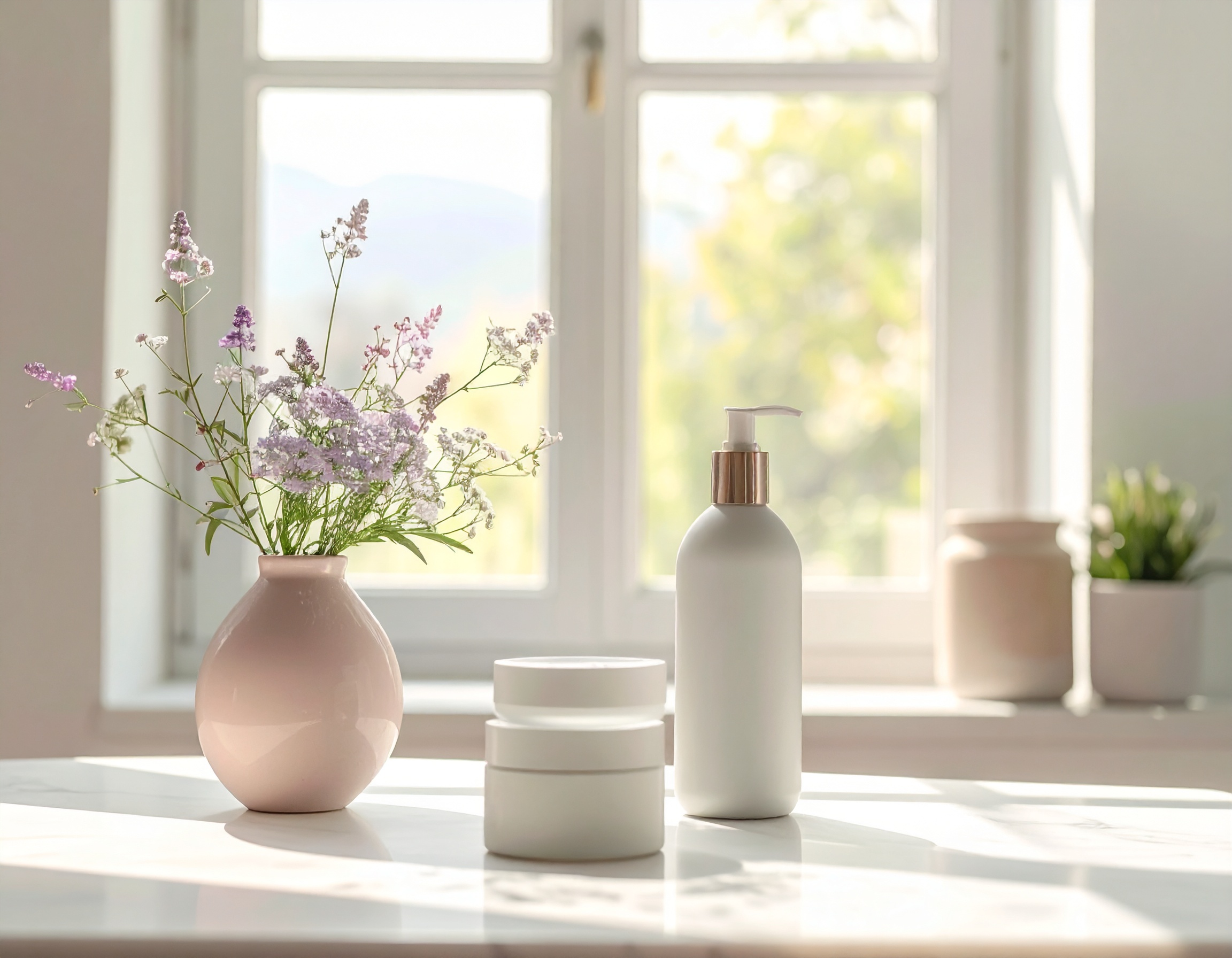 Cena serena de uma mesa com vaso de flores lavanda e frascos de cosméticos sob luz suave de janela, evocando tranquilidade e minimalismo em ambiente doméstico.